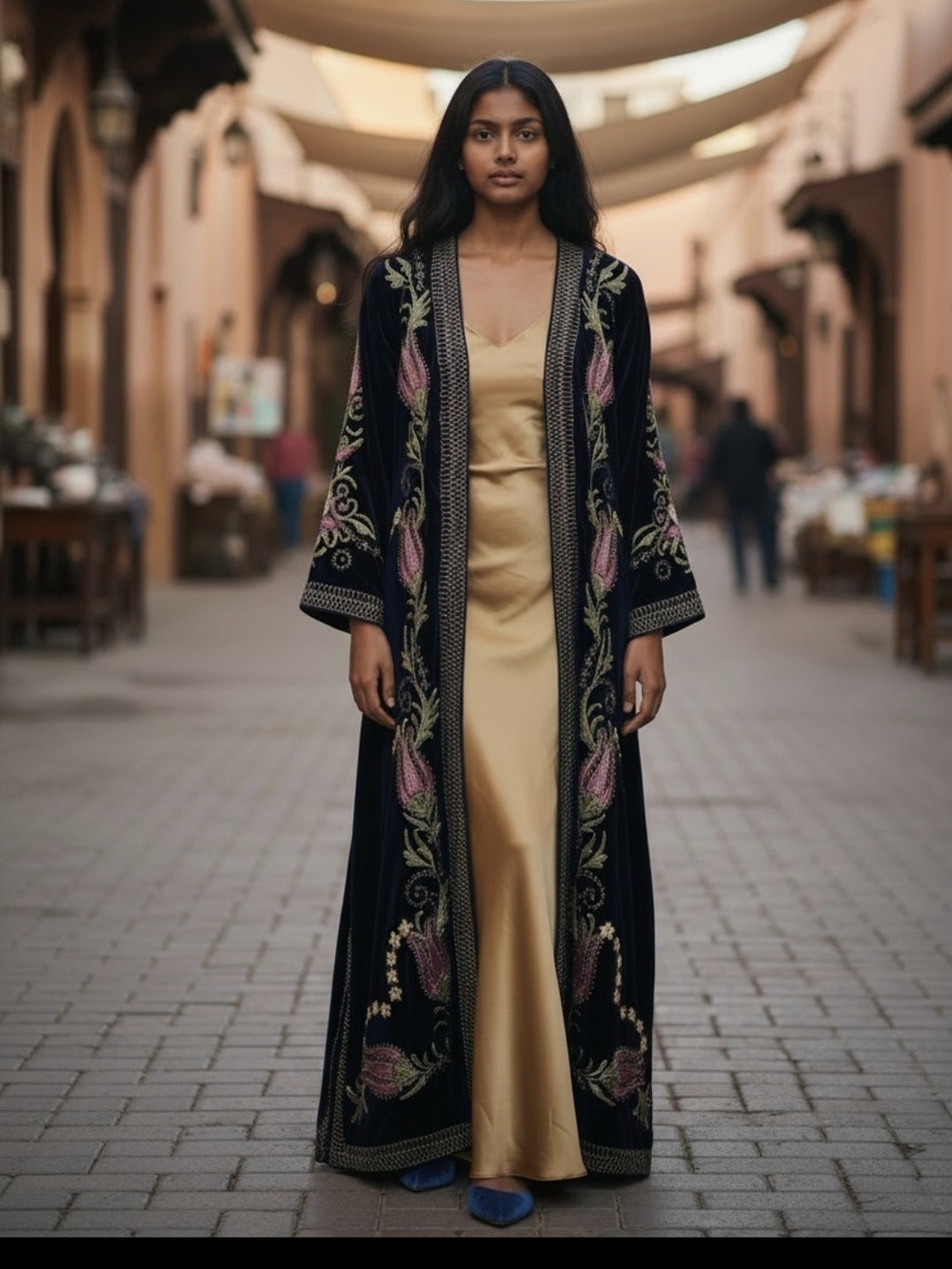 Tezcan Turkish Velvet Duster Kaftan Embroidered Floral Maxi Jacket Boho Luxe